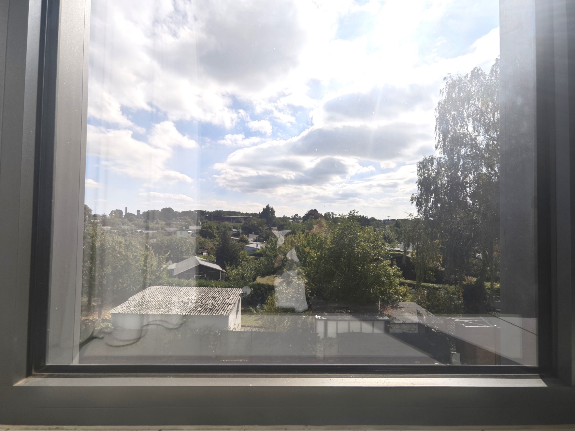 Blick aus dem Fenster von Einheit 1.08 über Gärten und Bäume